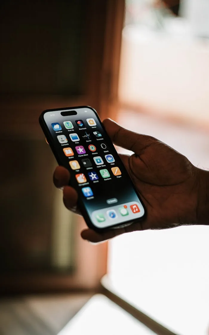 Close-up of a hand holding a smartphone with apps on the screen in focus.